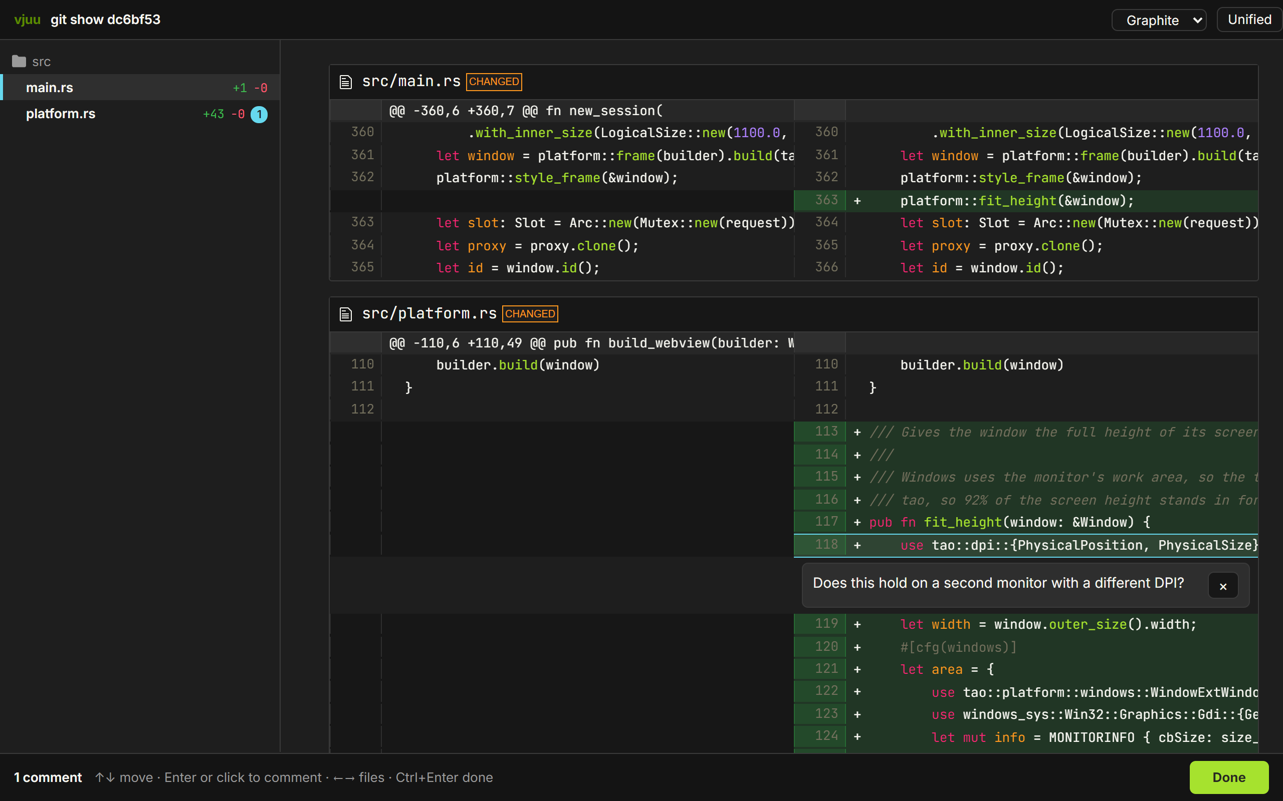 vjuu showing a syntax-highlighted Rust diff with a comment under one added line and a file list on the left.