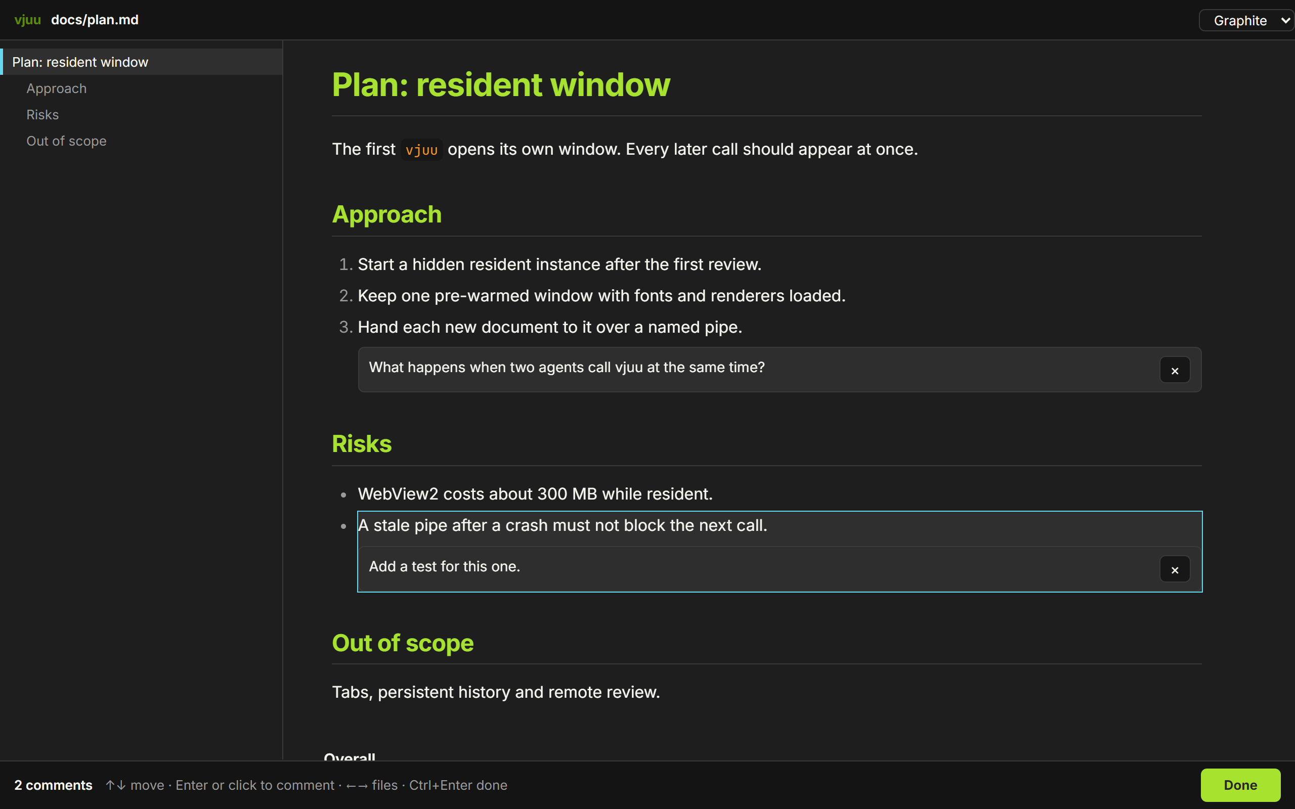 vjuu showing a markdown plan with two comments attached to lines, a table of contents on the left and a Done button at the bottom.